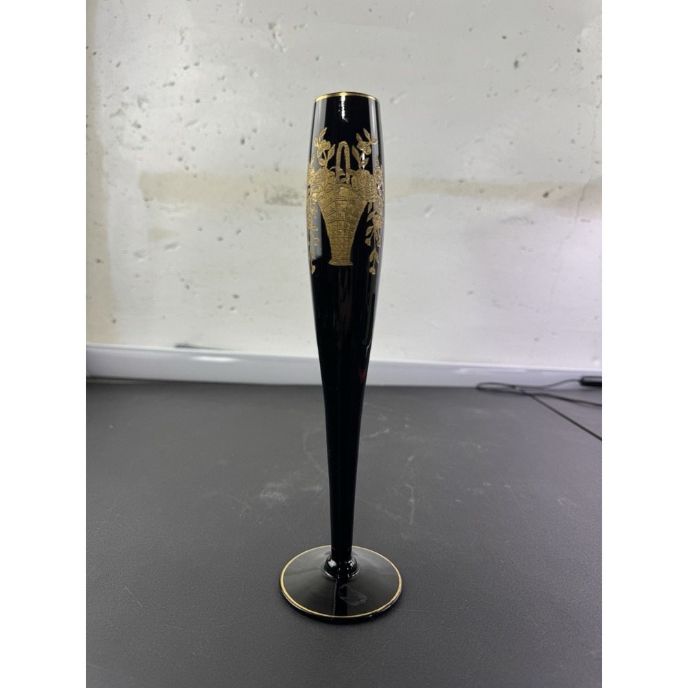 Central Glass Works Bud Vase Black Glass Gold Basket Etch 10 inch